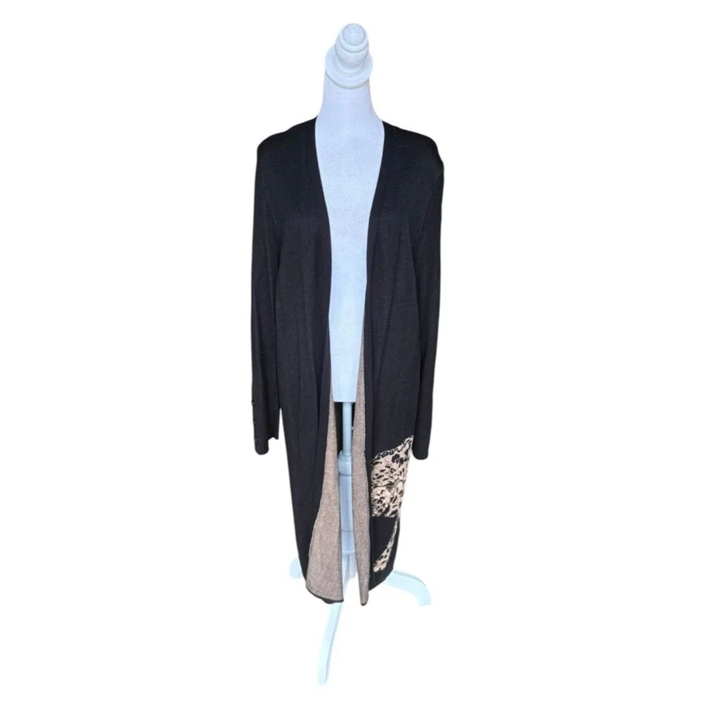 Chicos Long Black Open Front Sweater Duster Cardigan Leopard Motif Womens Large - Picture 2 of 9